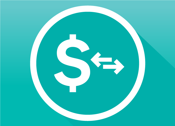 Silhouette icon of a dollar sign with left and right arrows inside on a teal gradient background